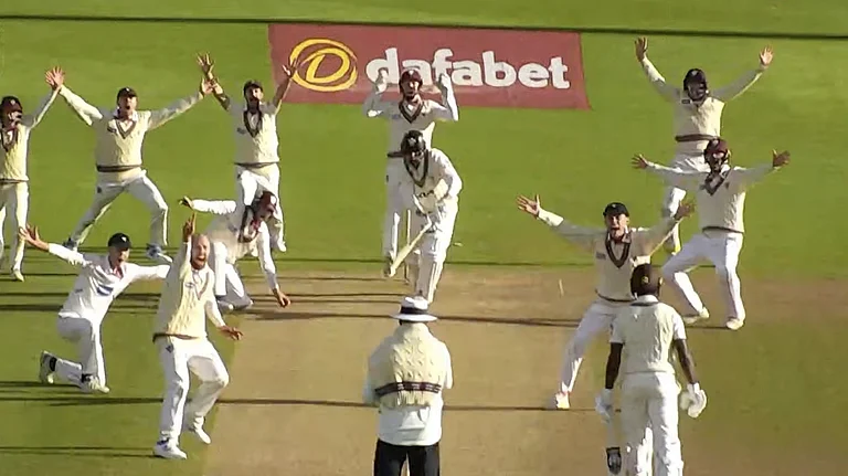 Somerset players appeal for the wicket against Surrey in the English County Championship. - Photo: X | Wisden